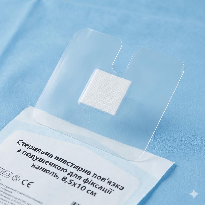 Стерильна пластирна пов'язка з подушечкою для фіксації канюль, 8,5х10 см